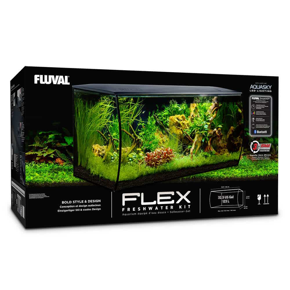 The Fluval Flex 32.5 US Gal / 123 L makes an exciting addition to Fluval’s bold curved aquarium series. It comes equipped with a mobile device operated Aquasky 2.0 Bluetooth LED that offers total control over brilliant custom colors, multiple dynamic effects and a programmable 24-hour light timer. In addition, this all-new Flex includes a built-in filtration system with 2 independent multi-stage chambers for maximum cleaning efficiency.