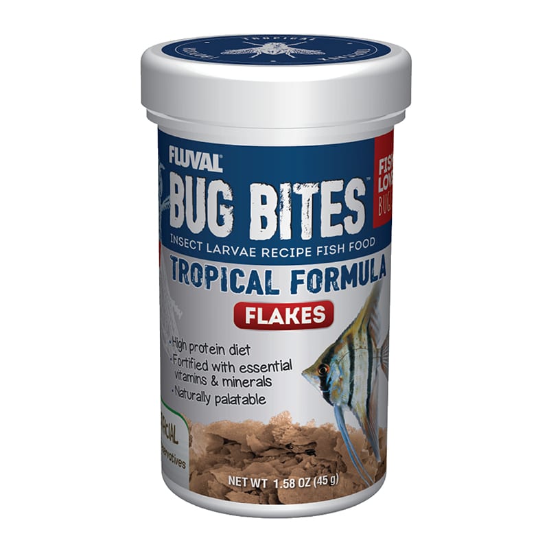 Les flocons Tropical Bug Bites de Fluval sont une nourriture pour poissons à base de larves d'insectes. Ils sont formulés pour répondre aux habitudes alimentaires naturelles des poissons, basées sur les insectes, et comprennent un mélange équilibré de protéines de première qualité, de vitamines et de minéraux pour une alimentation quotidienne complète.