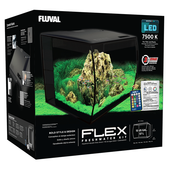 L'aquarium Fluval Flex offre non seulement un style contemporain avec sa façade courbée distinctive, mais il est également équipé d'un puissant système de filtration à plusieurs étages et d'un éclairage DEL brillant qui permet à l'utilisateur de personnaliser plusieurs paramètres à l'aide d'une télécommande.