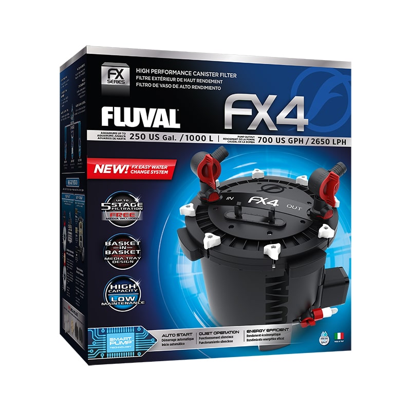 FX4 Canister Filter Combines patented SMART PUMP™ performance-optimizing technology with auto start/stop operation and intricate multi-stage cleaning featuring an expansive basket-in-basket media tray design, FX owners will spend more time enjoying their aquarium, and less time maintaining it.