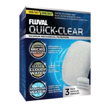 Fluval Quick-Clear is specifically designed to fit the Fluval 107/207 and 106/206 canister filters. These thick, ultra-fine polyester water polishing pads effectively trap micro particles and debris, leaving your aquarium crystal clear.