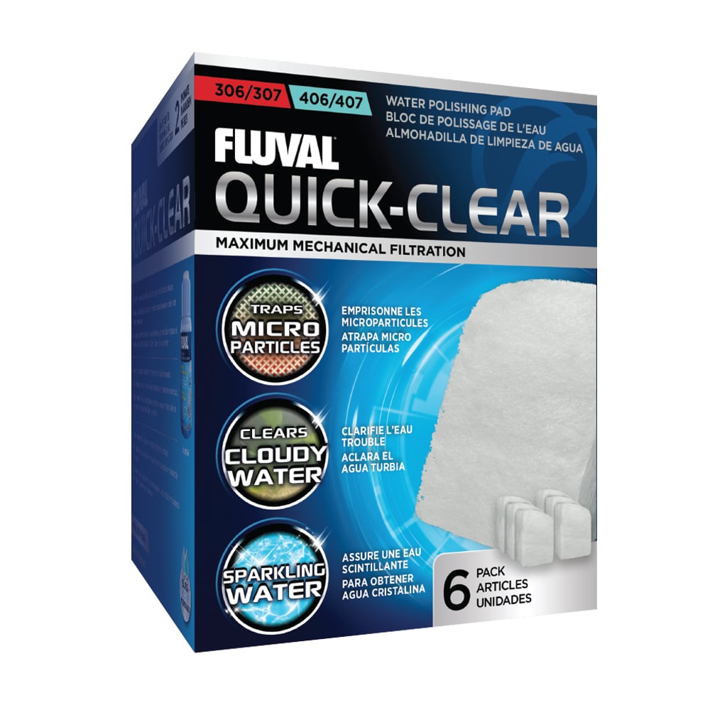 Fluval Quick-Clear is specifically designed to fit the Fluval 307/407 and 306/406 canister filters. These thick, ultra-fine polyester water polishing pads effectively trap micro particles and debris, leaving your aquarium crystal clear.