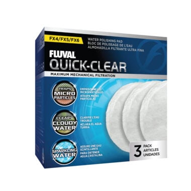 Fluval Quick-Clear is Designed specifically for FX2, FX4, FX5 and FX6 high performance canister filters, these thick, ultra fine polyester Water Polishing Pads effectively trap micro-particles and debris.