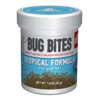 Bug Bites Tropical Micro Granules fish food are formulated to address the natural, insect-based feeding habits of fish and include a balanced mix of premium proteins, vitamins and minerals for complete daily nutrition.