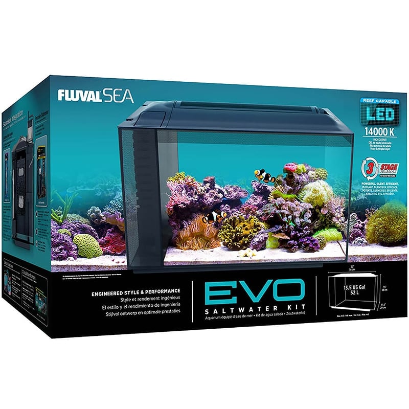 Go big in a small way! The all-new Fluval Evo nano saltwater kit packs the same performance features as a marine reef tank several times its size, but at just 13.5 gallons, is small enough to fit on most desks or countertops. Now you can finally enjoy the saltwater hobby for less money, less effort and less space required!