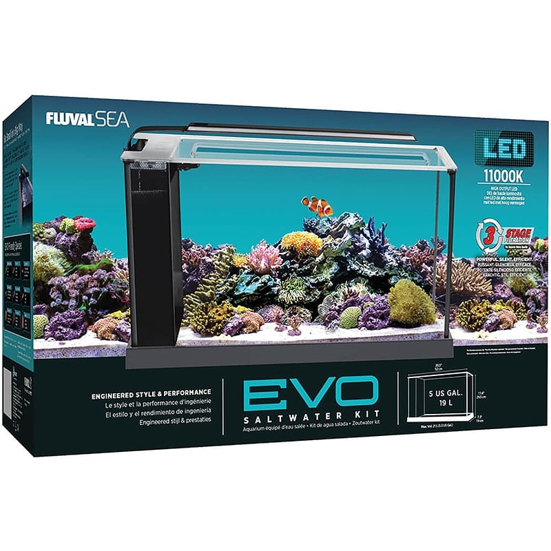 Go big in a small way! The all-new Fluval Evo nano saltwater kit packs the same performance features as a marine reef tank several times its size, but at just 5 gallons, is small enough to fit on any desk or counter. Now you can finally enjoy the saltwater hobby for less money, less effort and less space required!