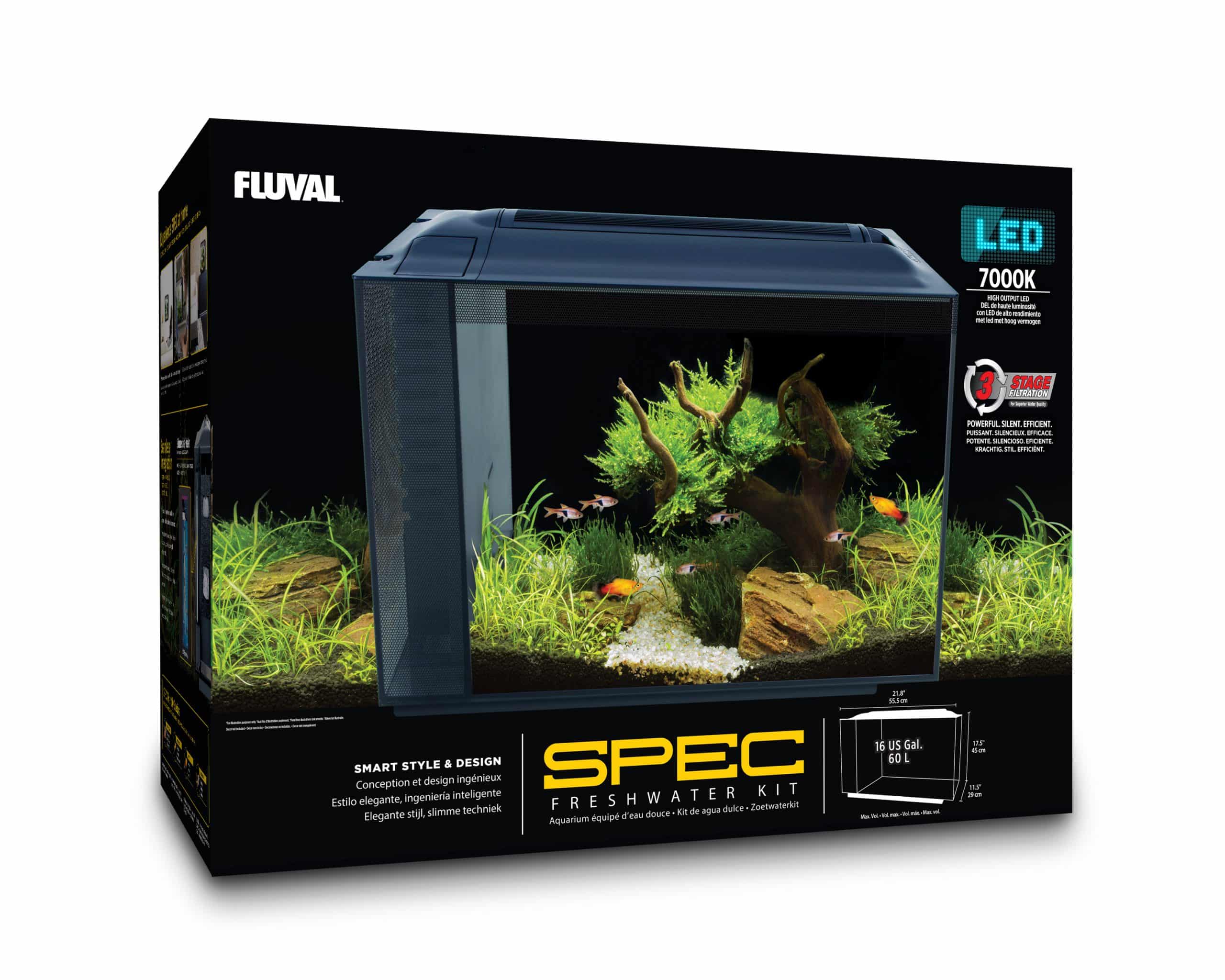 The all-new Fluval Spec, 16 US Gal / 60 L aquarium is equipped with efficient 3-stage filtration, but is set apart by a powerful 7000 K high-output LED that is seamlessly integrated into a new cleverly designed canopy, making it the brightest member of the Spec family in more ways than one!