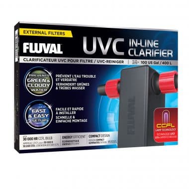 Fluval UVC In-Line Clarifier eliminates suspended bacteria and algae for a clear and healthy aquarium. It quickly and easily connects to most canister filters.