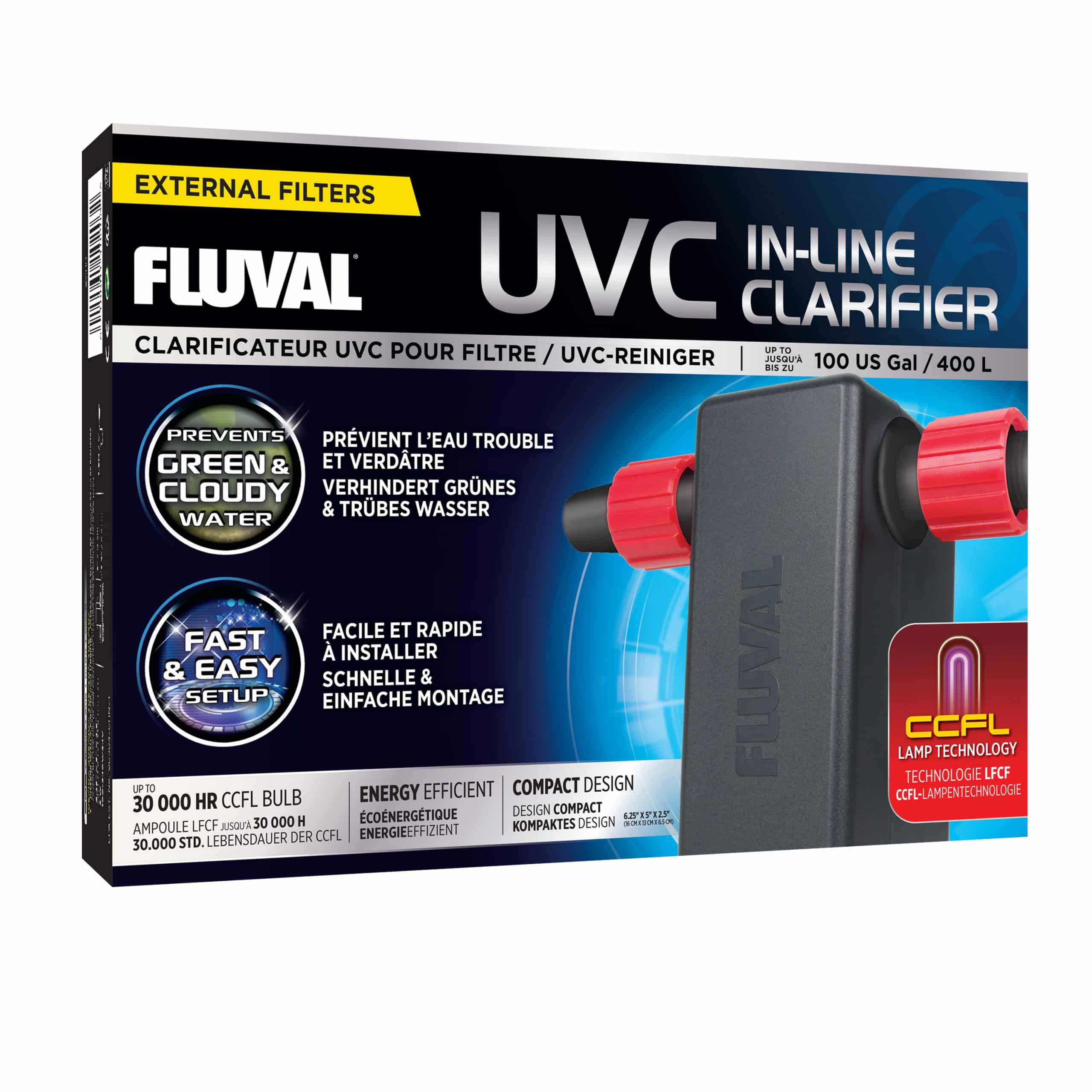 Fluval UVC In-Line Clarifier eliminates suspended bacteria and algae for a clear and healthy aquarium. It quickly and easily connects to most canister filters.