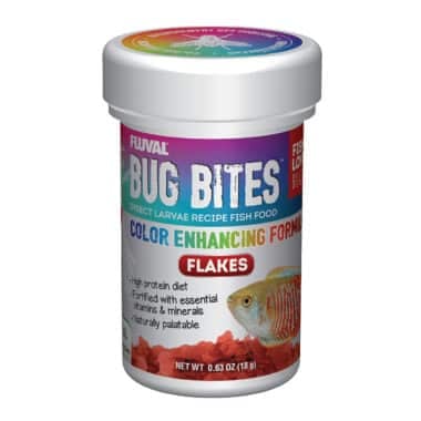 Fluval Bug Bites Color Enhancing Flakes are an Insect Larvae based Fish Food that are formulated to address the natural, insect-based feeding habits of fish and include a balanced mix of premium proteins, vitamins and minerals for complete daily nutrition. 