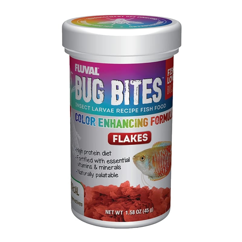 Fluval Bug Bites Color Enhancing Flakes are an Insect Larvae based Fish Food that are formulated to address the natural, insect-based feeding habits of fish and include a balanced mix of premium proteins, vitamins and minerals for complete daily nutrition.  
