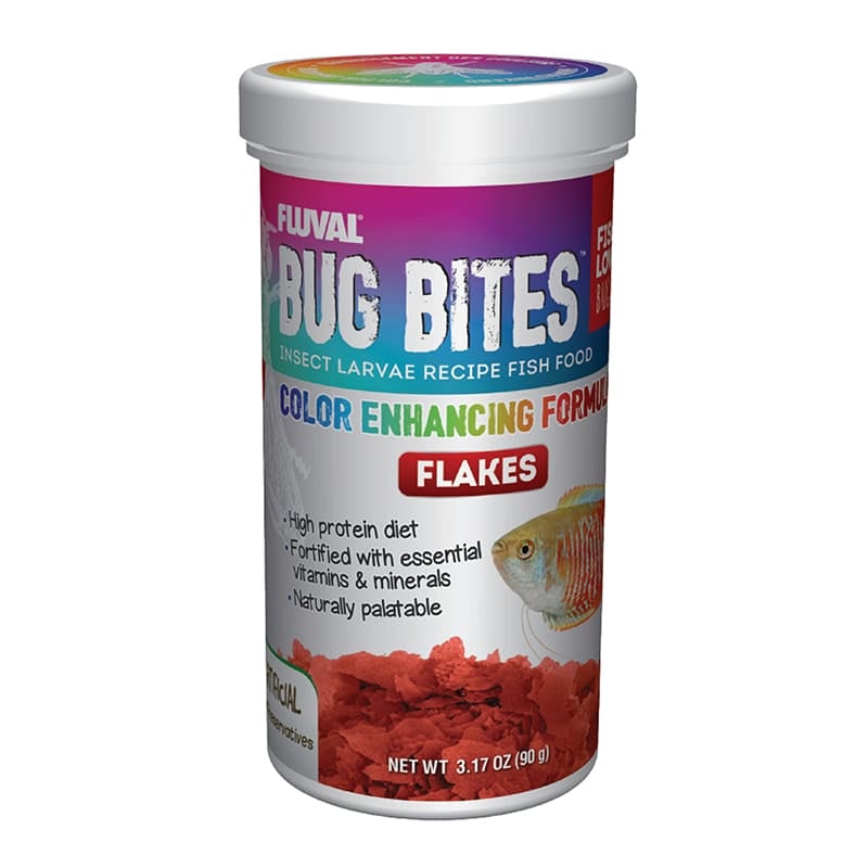Fluval Bug Bites Color Enhancing Flakes are an Insect Larvae based Fish Food that are formulated to address the natural, insect-based feeding habits of fish and include a balanced mix of premium proteins, vitamins and minerals for complete daily nutrition.