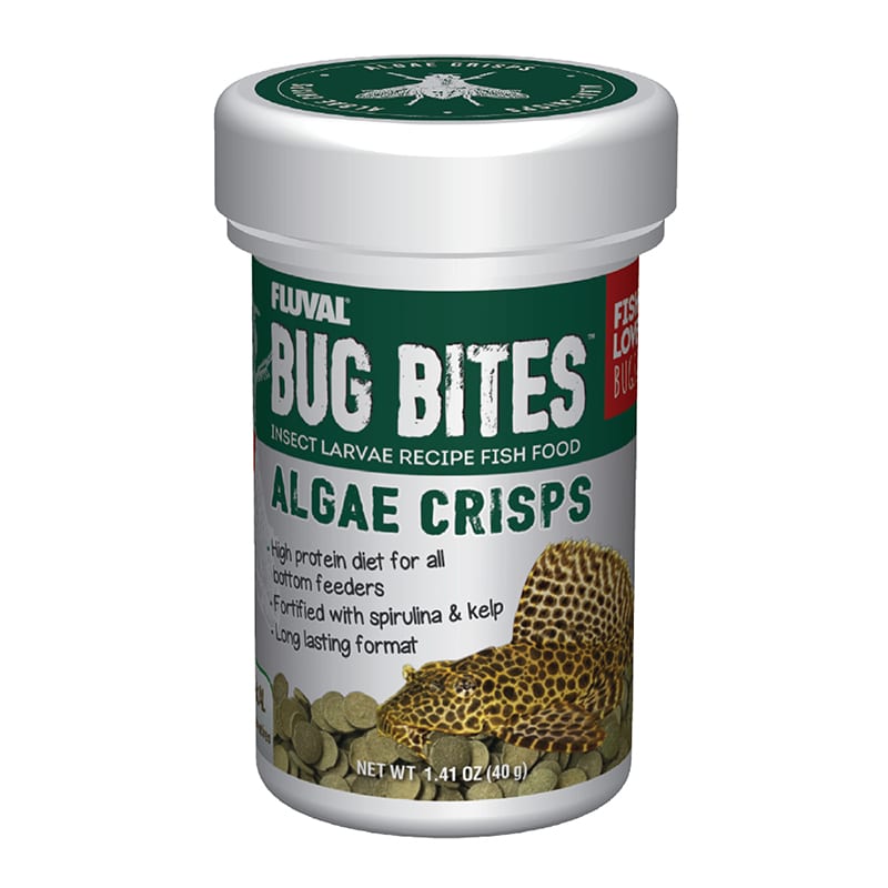 Bug Bites Algae Crisps fish food are formulated to address the natural, insect-based feeding habits of fish and include a balanced mix of premium proteins, vitamins and minerals for complete daily nutrition.