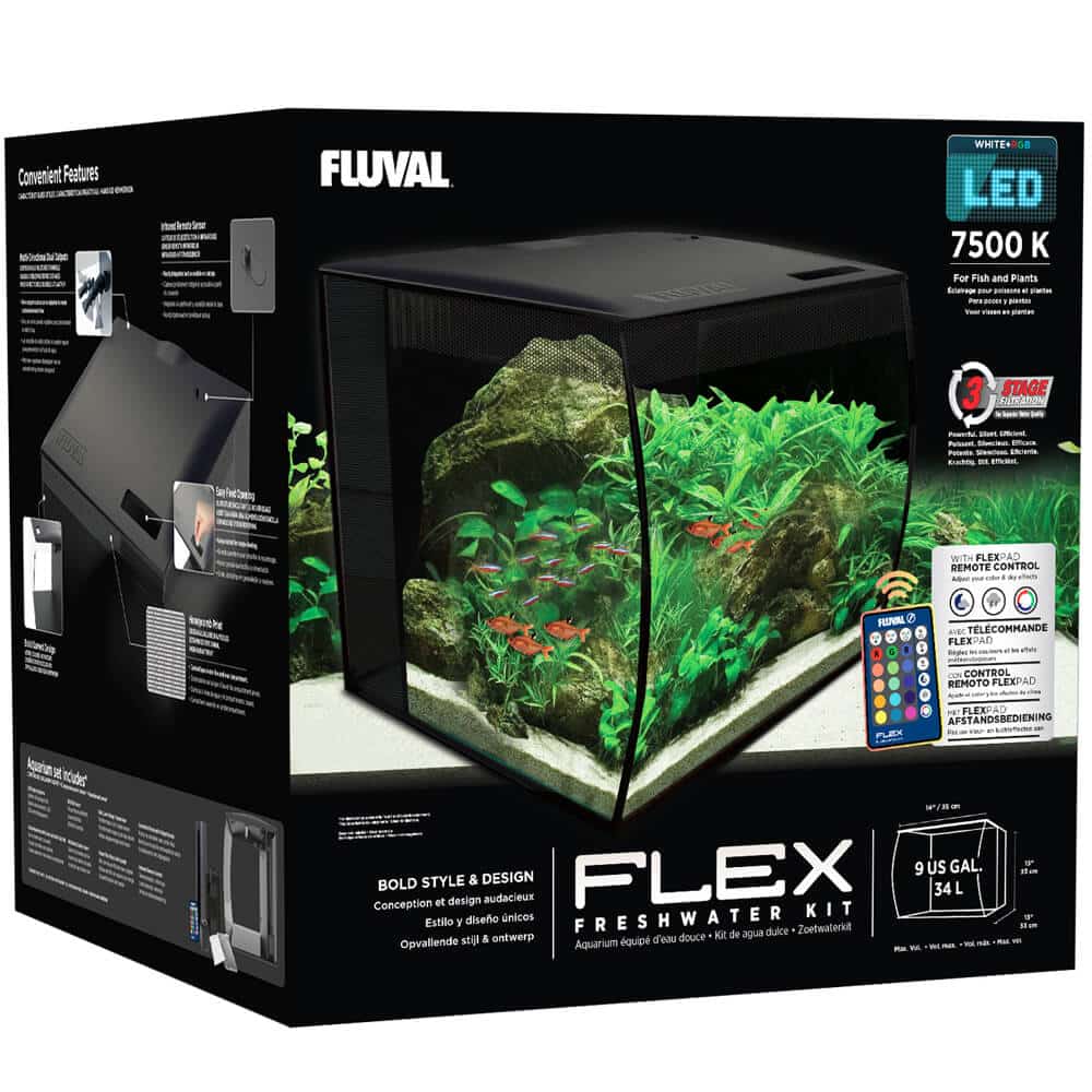 Fluval Flex not only offers contemporary styling with its distinctive curved front, but is also equipped with powerful multi-stage filtration and brilliant LED lighting that allows the user to customize several settings via remote control.