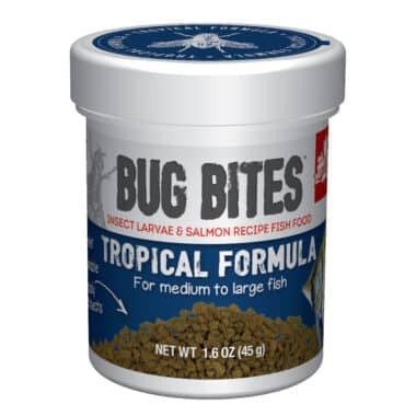 Bug Bites Tropical Granules fish food are formulated to address the natural, insect-based feeding habits of fish and include a balanced mix of premium proteins, vitamins and minerals for complete daily nutrition.