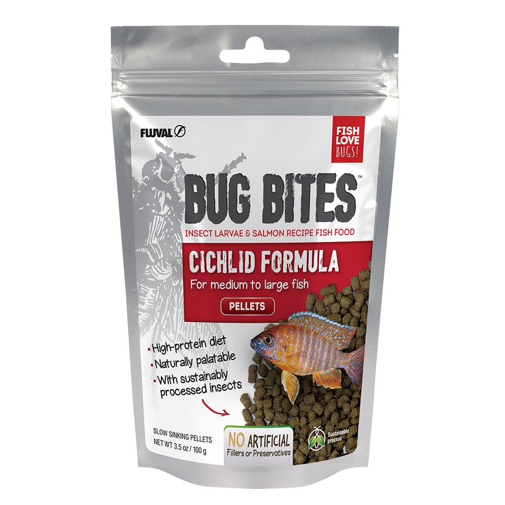 Bug Bites Cichlid Pellets fish food are formulated to address the natural, insect-based feeding habits of fish and include a balanced mix of premium proteins, vitamins and minerals for complete daily nutrition.