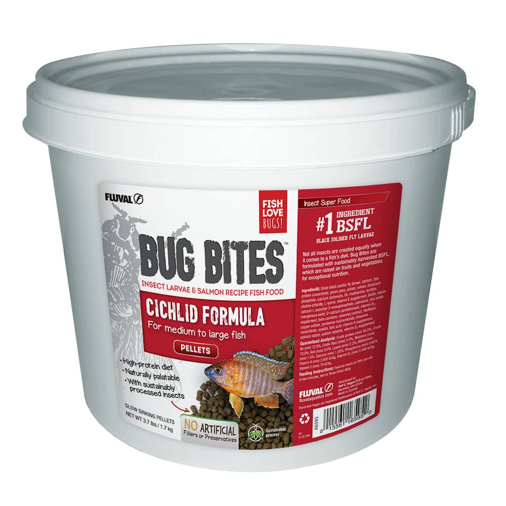 Bug Bites Cichlid Pellets fish food are formulated to address the natural, insect-based feeding habits of fish and include a balanced mix of premium proteins, vitamins and minerals for complete daily nutrition.