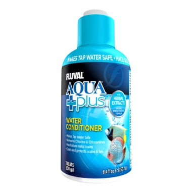 Fluval Aqua Plus Water Conditioner is all-natural conditioner neutralizes metal toxins, chlorine and chloramine found in tap water which contains herbal extracts reduce fish stress caused from transportation, handling and acclimatization