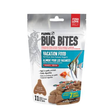 Bug Bites Vacation Food fish food are formulated to address the natural, insect-based feeding habits of fish and include a balanced mix of premium proteins, vitamins and minerals for complete daily nutrition.
