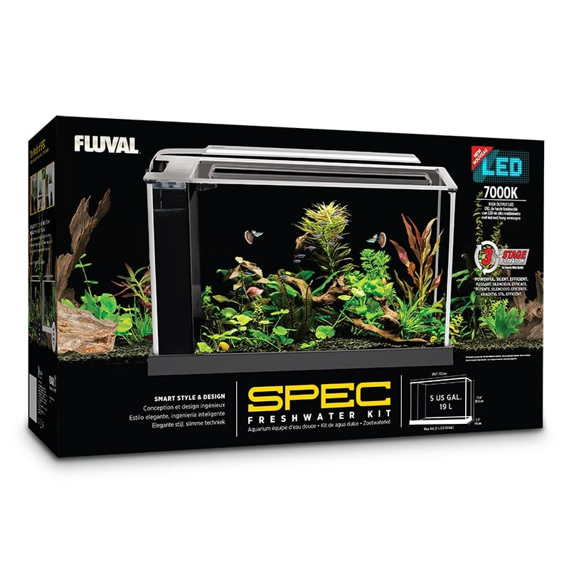 The all-new Fluval Spec nano aquarium series is highlighted by an upgraded 7000K high-output LED that is 20% brighter than before and framed within a sleek, all-aluminum waterproof casing. Combined with powerful 3-stage filtration and oversized media, Spec may be small in size, but is certainly big on features.