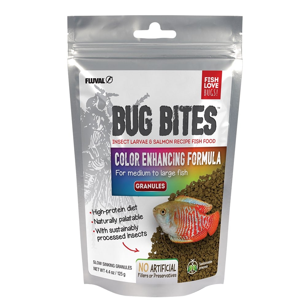 Bug Bites Color Enhancing Granules fish food are formulated to address the natural, insect-based feeding habits of fish and include a balanced mix of premium proteins, vitamins and minerals for complete daily nutrition.